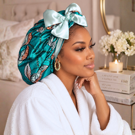 A woman wearing a white plush robe and a shiny teal satin hair wrap headscarf with a large bow, posed in a softly lit bedroom setting.