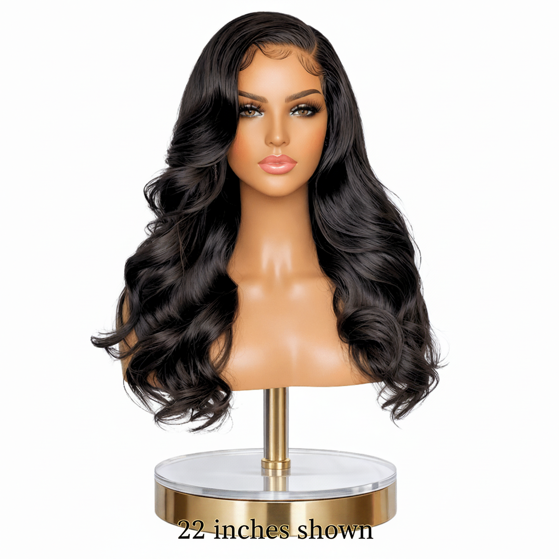 Toya glueless 4x4 HD body wave wig in natural black on mannequin