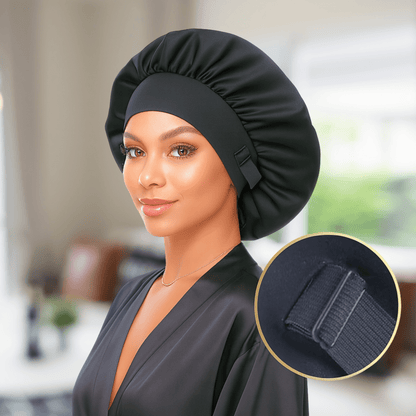 Unisex Charmeuse Silk Satin Hair Bonnet for Men & Women – Black Sleep Cap with Wide Comfort Band for Curls, Waves, Locs & Braids – Frizz - Reducing Night Hair Protection - PHC