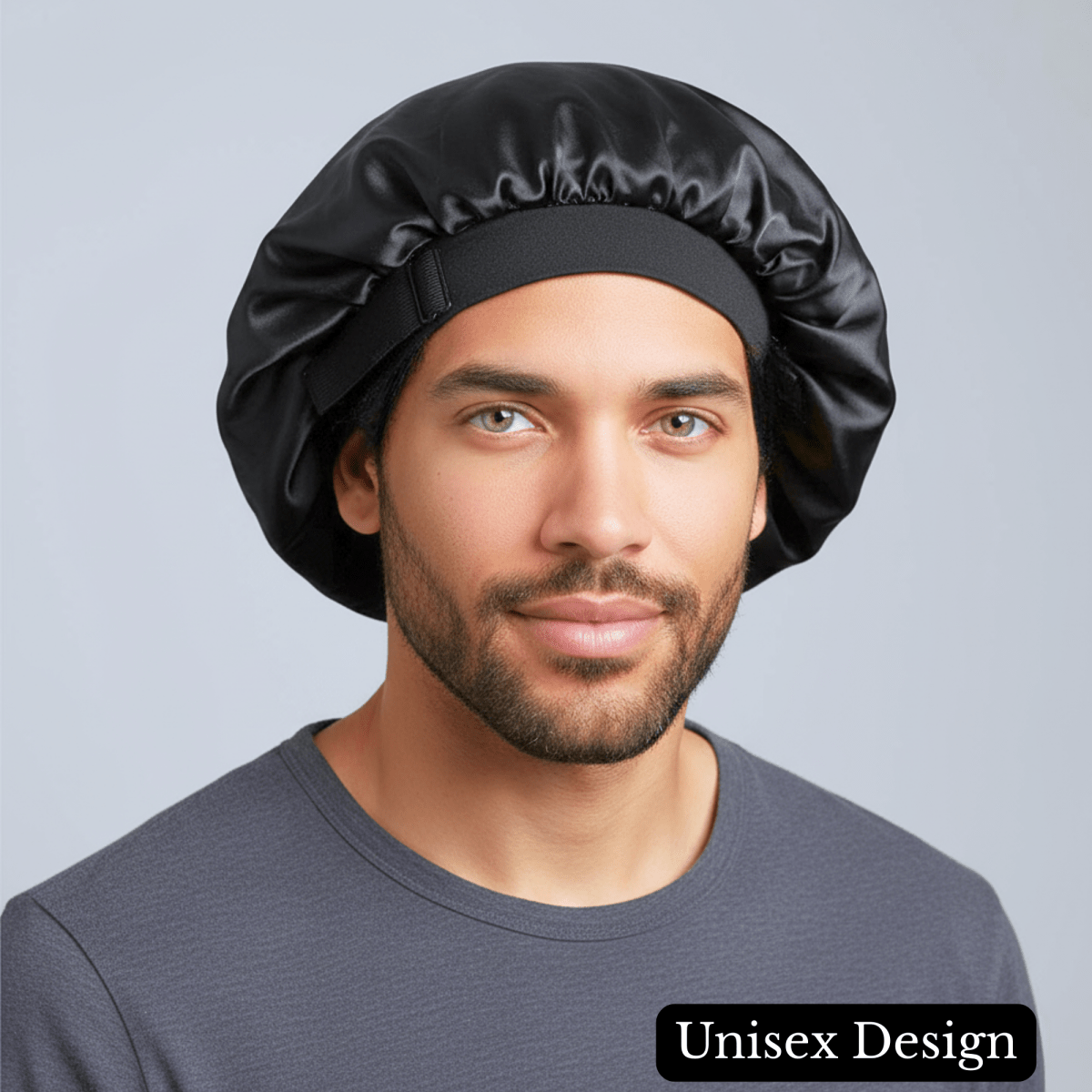 Unisex Charmeuse Silk Satin Hair Bonnet for Men & Women – Black Sleep Cap with Wide Comfort Band for Curls, Waves, Locs & Braids – Frizz - Reducing Night Hair Protection - PHC