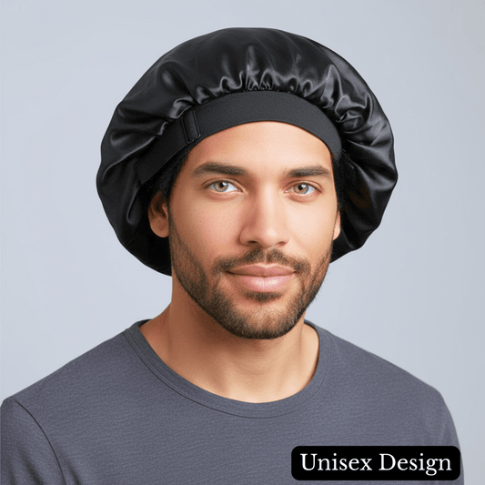 Unisex Charmeuse Silk Satin Hair Bonnet for Men & Women – Black Sleep Cap with Wide Comfort Band for Curls, Waves, Locs & Braids – Frizz - Reducing Night Hair Protection - PHC