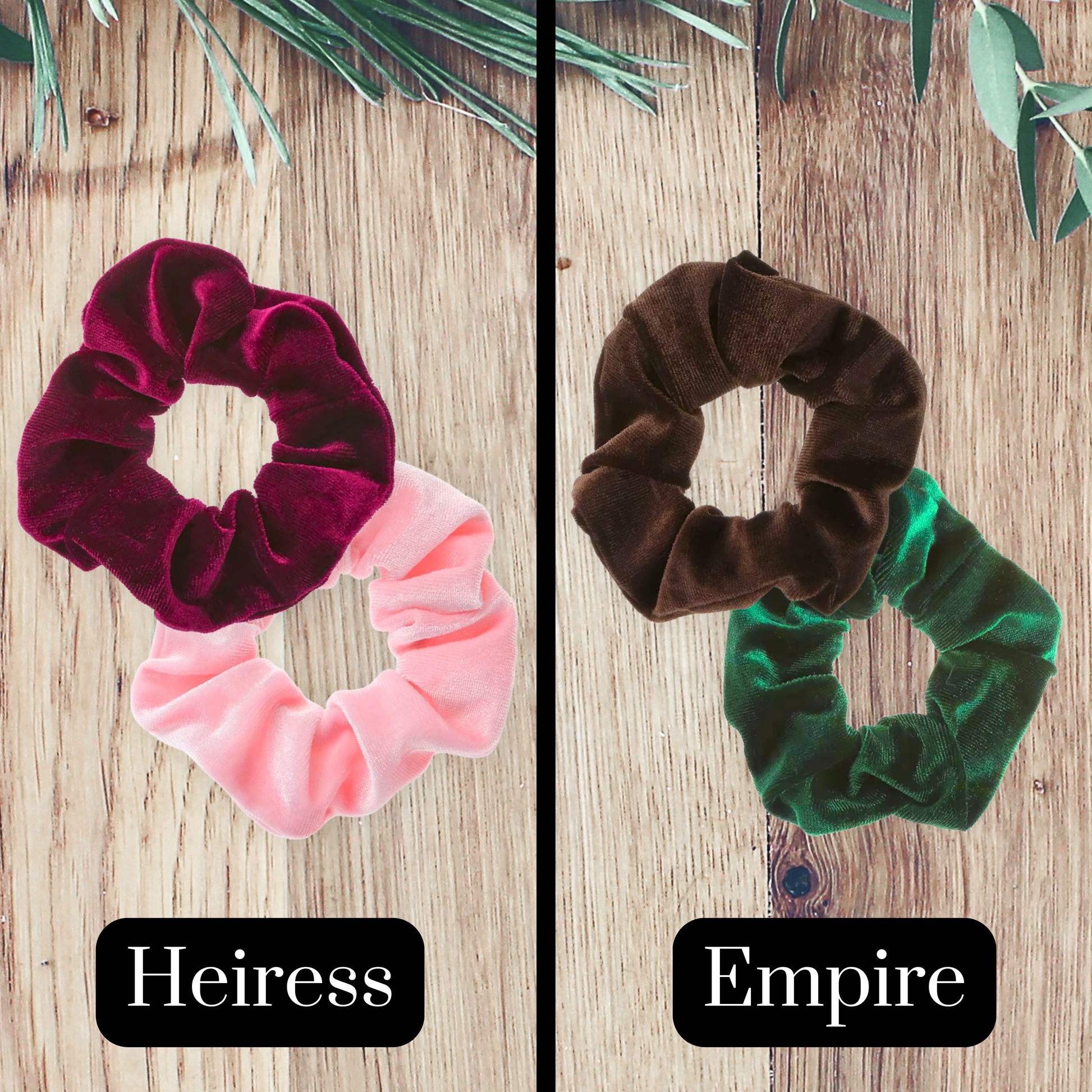 burgundy and pink velvet scrunchie and brown and emerald green velvet scrunchies on wooden background.