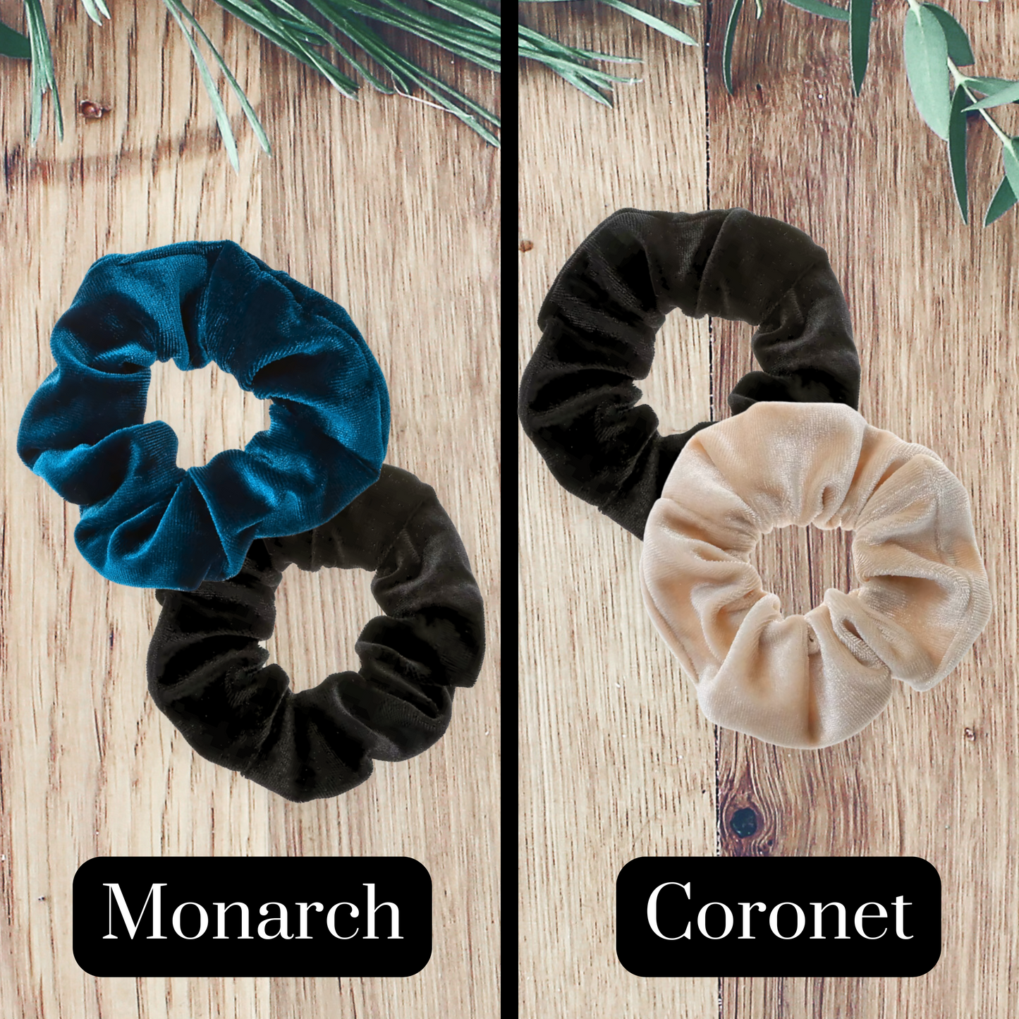 Prussian blue, black and beige scrunchies on a wooden background.