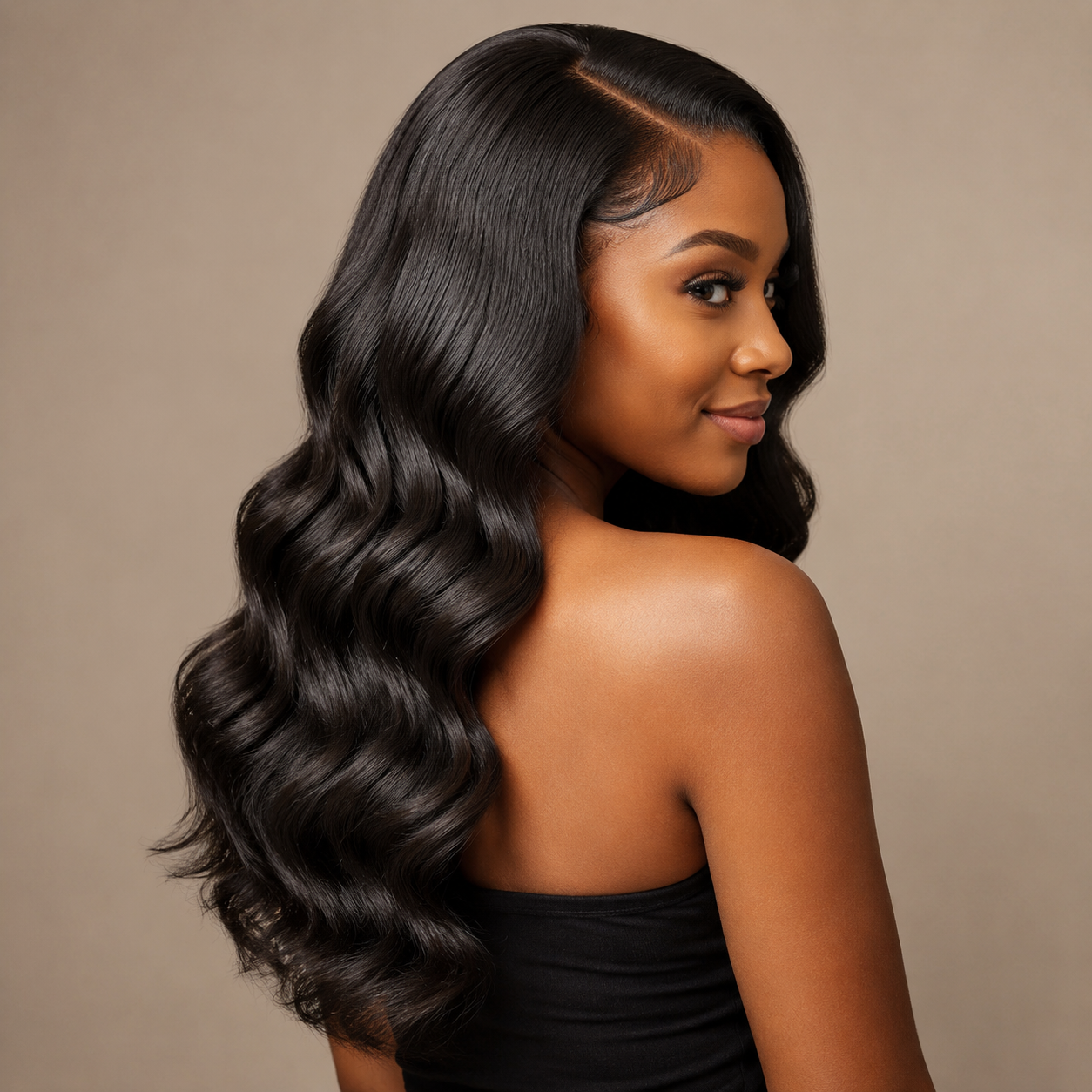 Model wearing natural black virgin Brazilian body wave human hair bundles in a side-part sew-in