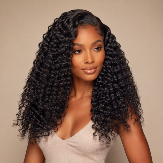 Model wearing natural black virgin Brazilian deep curly human hair bundles in a side-part sew-in