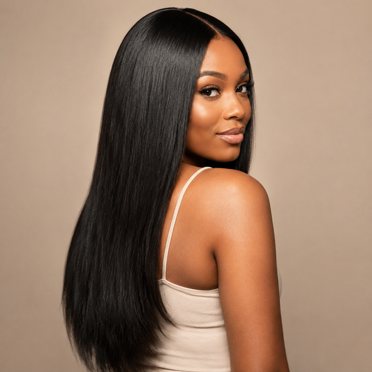 Model wearing natural black virgin Brazilian straight human hair bundles in a middle-part sew-in