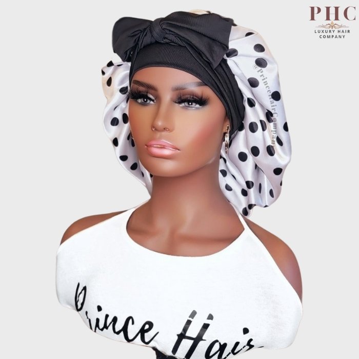 White & Black Polka Dot Satin-Lined Stretch Tie Bonnet - PHC