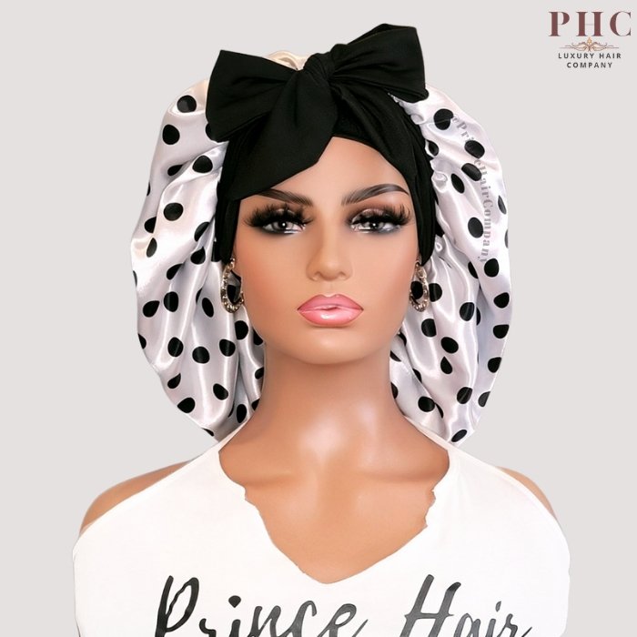 White & Black Polka Dot Satin-Lined Stretch Tie Bonnet - PHC