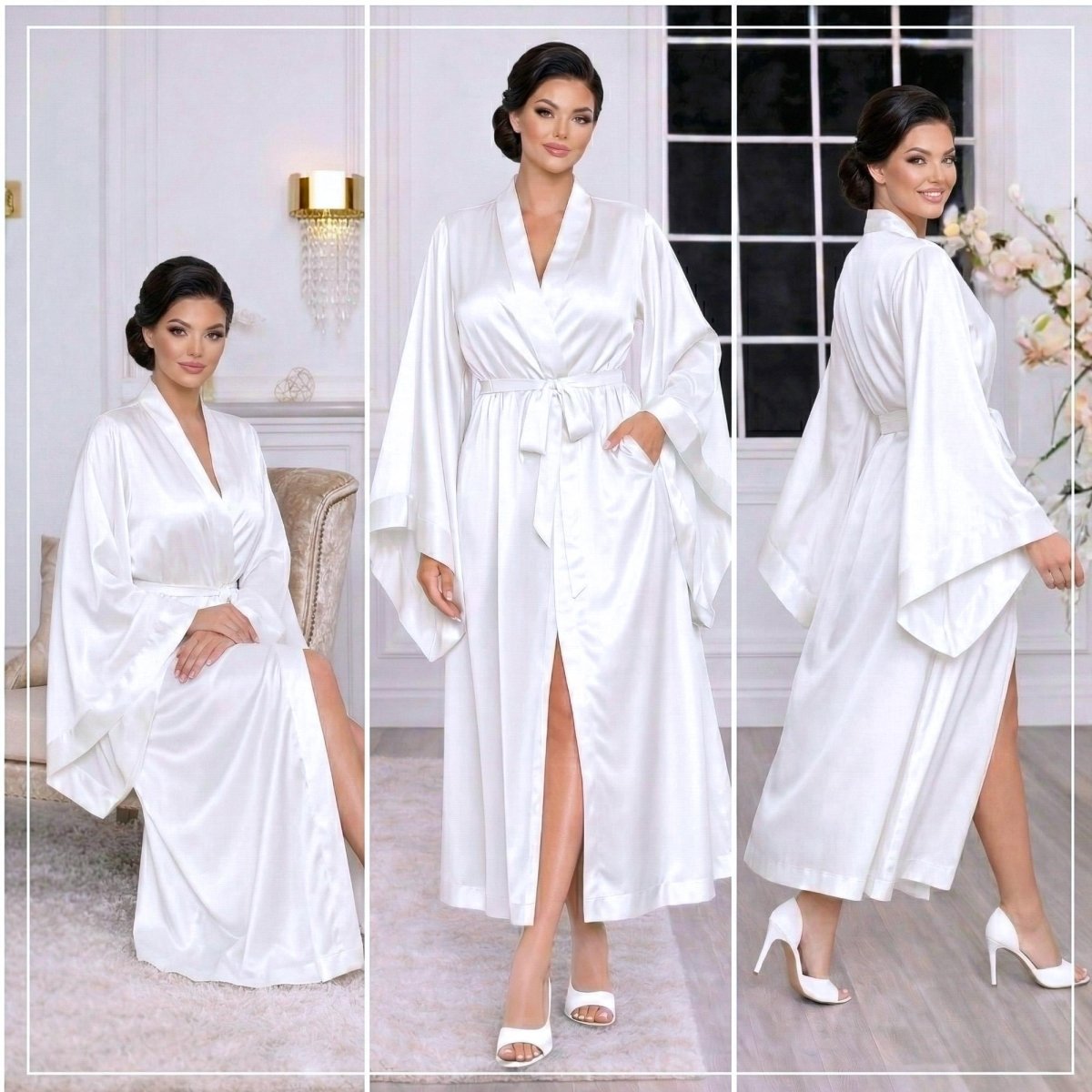 White Satin Kimono Robe with Pockets, Matching Bonnet, Eye Mask, and Scrunchie - PHC