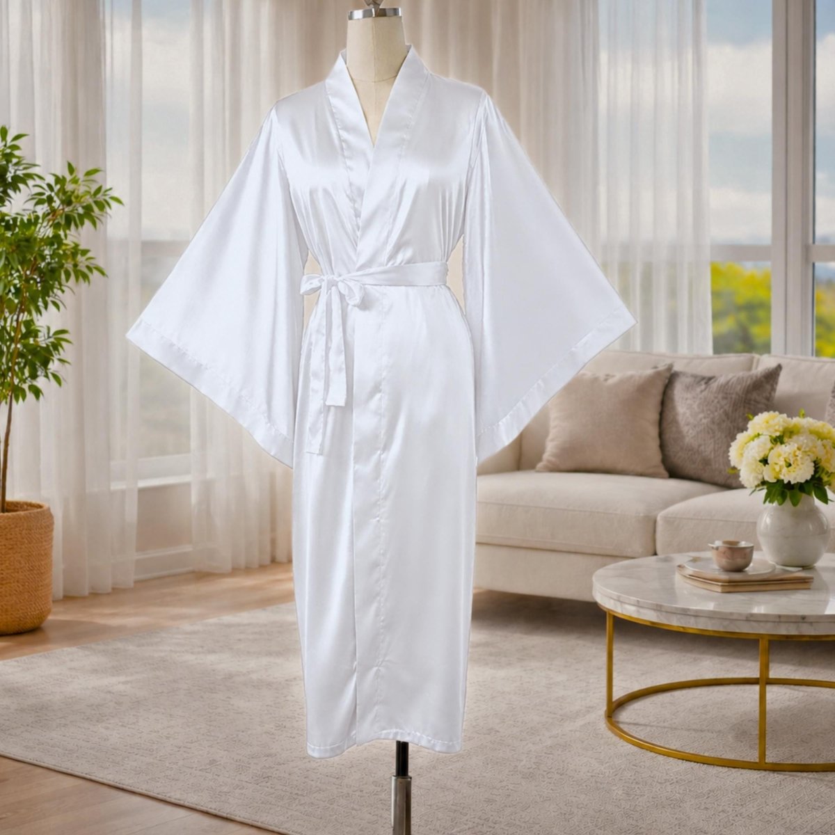 White Satin Kimono Robe with Pockets, Matching Bonnet, Eye Mask, and Scrunchie - PHC
