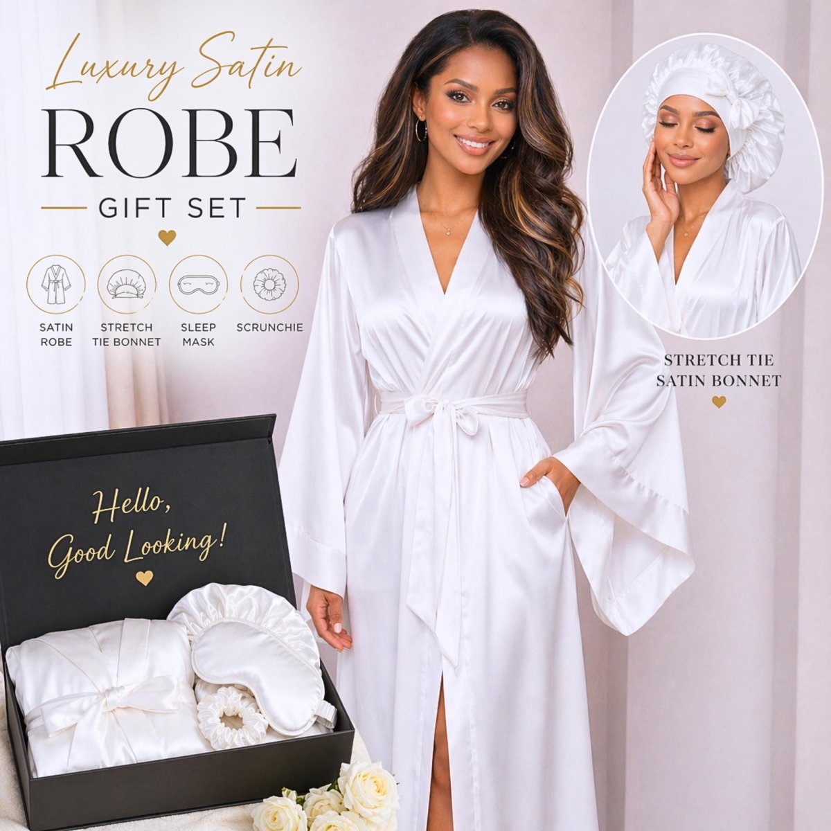 White Satin Kimono Robe with Pockets, Matching Bonnet, Eye Mask, and Scrunchie - PHC