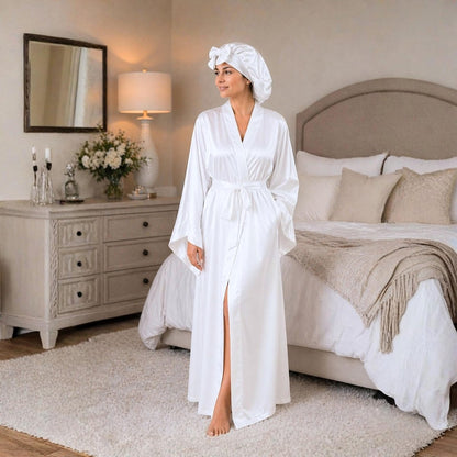 White Satin Kimono Robe with Pockets, Matching Bonnet, Eye Mask, and Scrunchie - PHC