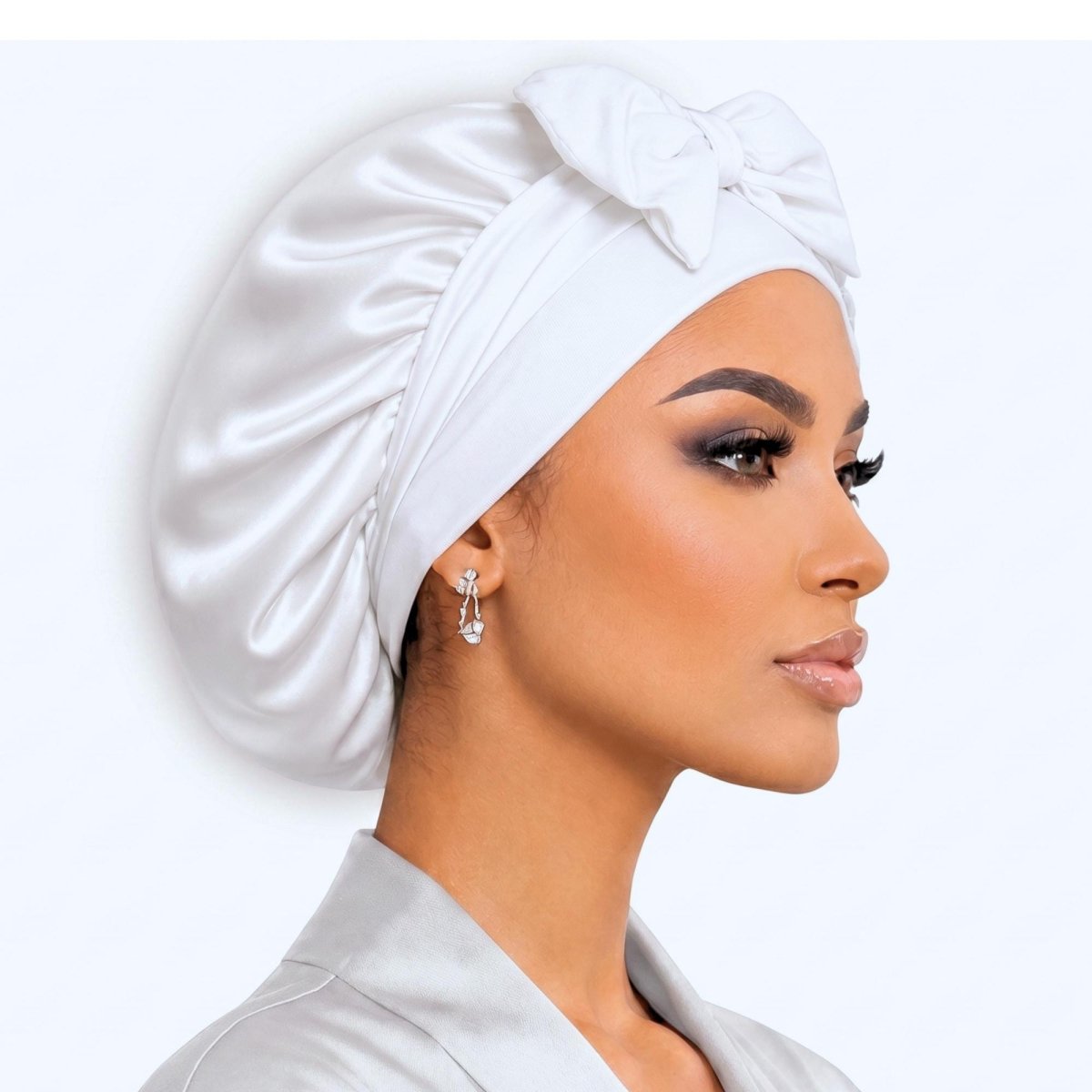White Satin Kimono Robe with Pockets, Matching Bonnet, Eye Mask, and Scrunchie - PHC