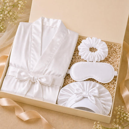 White Satin Kimono Robe with Pockets, Matching Bonnet, Eye Mask, and Scrunchie - PHC