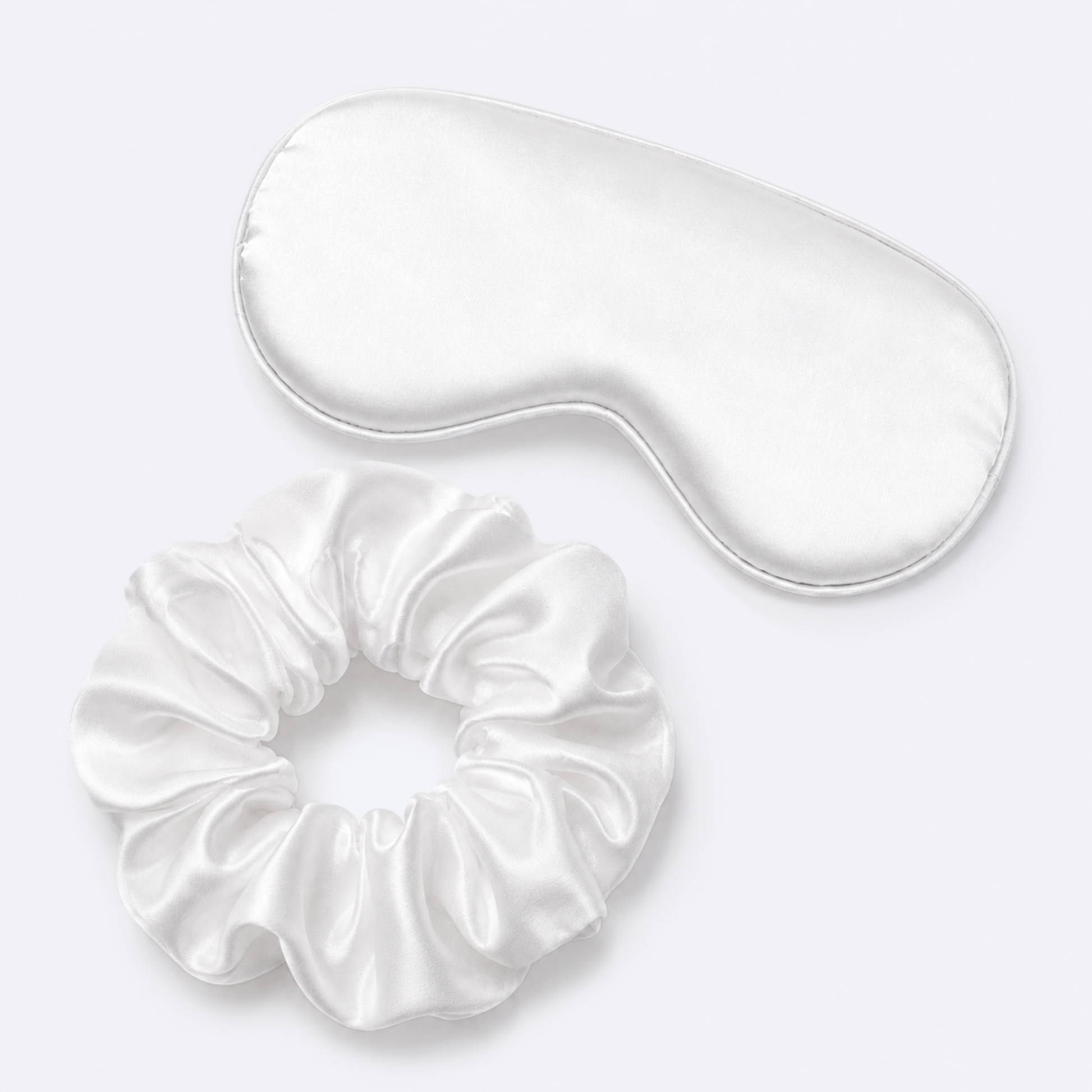 White satin eye mask and oversized scrunchie sleep set