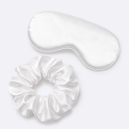White satin eye mask and oversized scrunchie sleep set