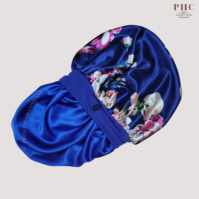 Royal Blue Flowers Print Wide Band Bonnet (Sm/Med Cap Size)