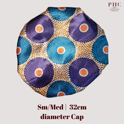 Purple / Gold Ankara Print Wide Band Bonnet (Sm/Med Cap Size)