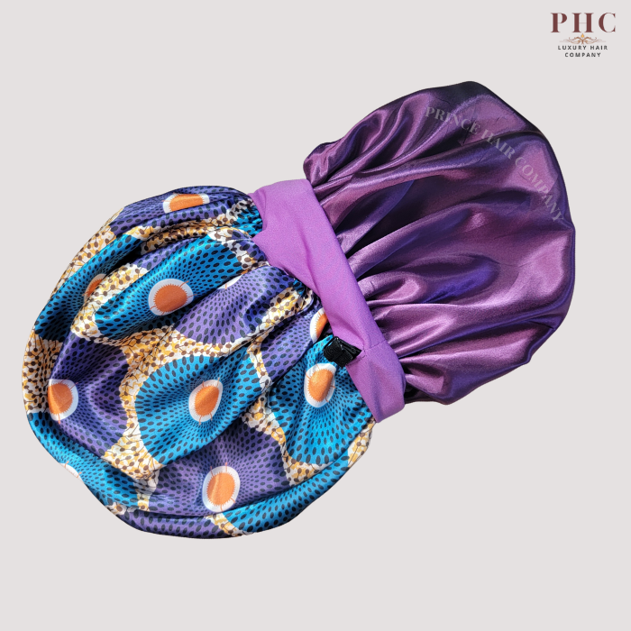Purple / Gold Ankara Print Wide Band Bonnet (Sm/Med Cap Size)