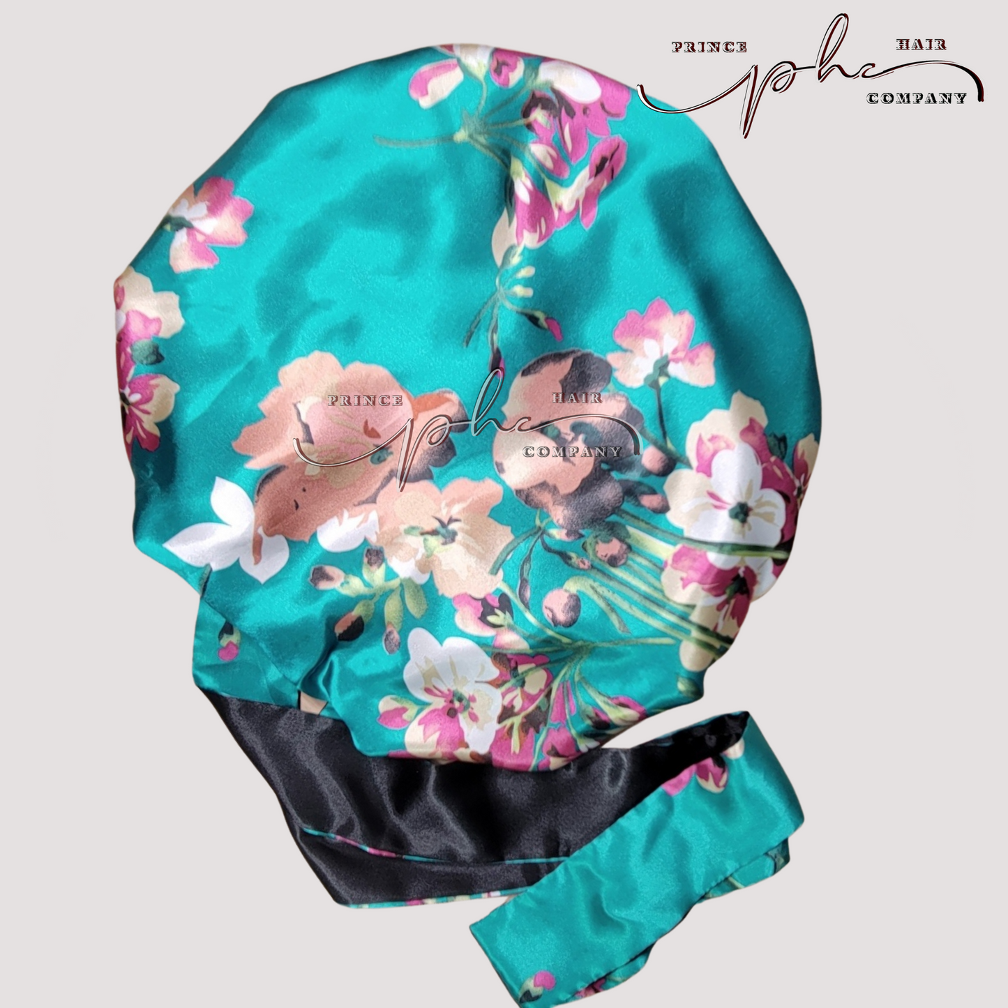 Teal Flowers & Black All Satin Reversible Bonnet