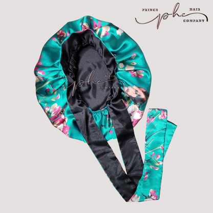 Teal Flowers & Black All Satin Reversible Bonnet