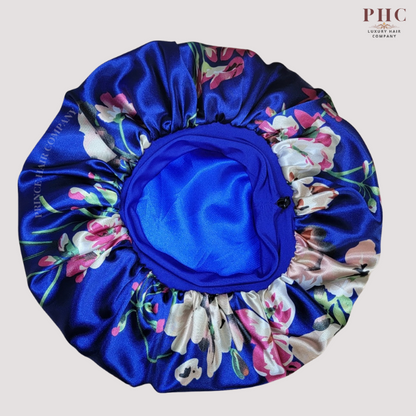 Royal Blue Flowers Print Wide Band Bonnet (Sm/Med Cap Size)