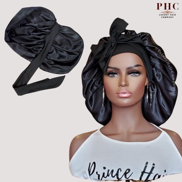 Black Satin-Lined Stretch Tie Bonnet - PHC