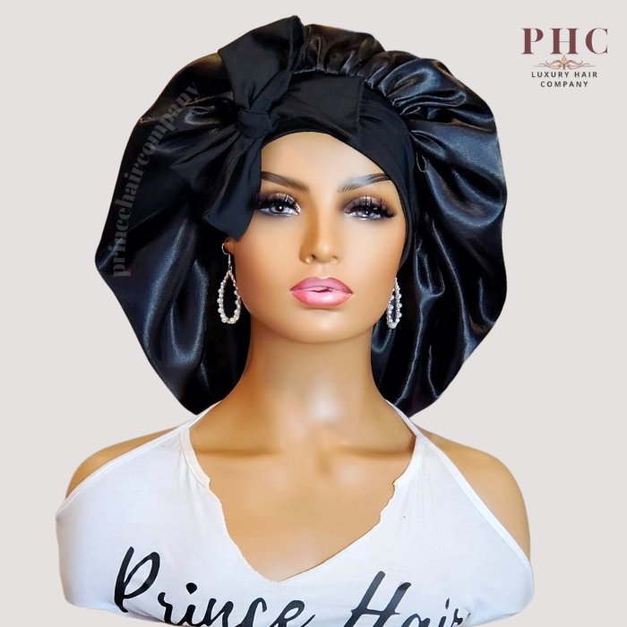 Black Stretch Tie Satin Bonnet (No Lining) - PHC