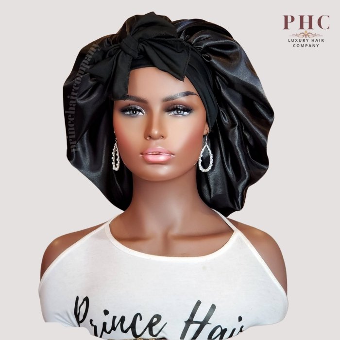 Black Stretch Tie Satin Bonnet (No Lining) - PHC