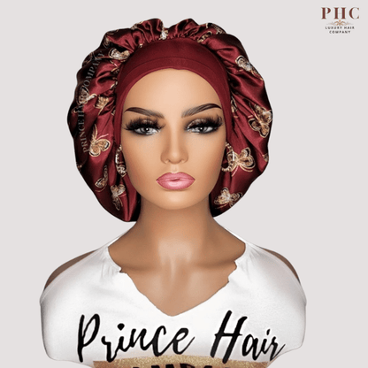 Burgundy Butterfly Print Wide Band Bonnet (Sm/Med Cap Size) - PHC