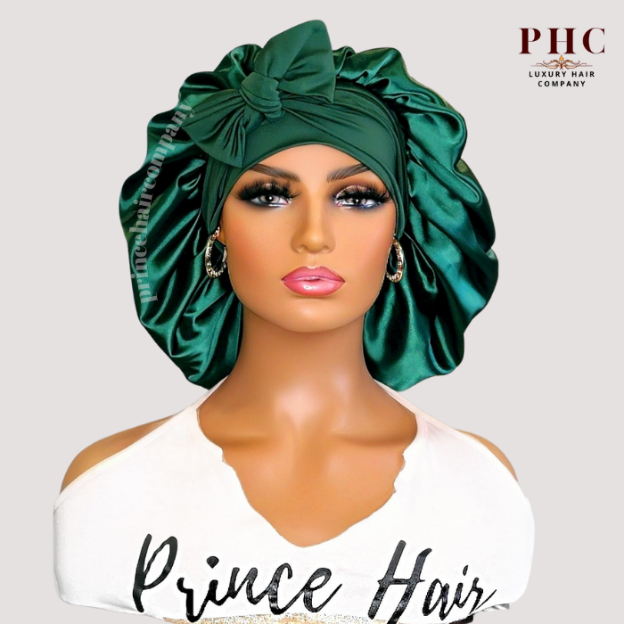 CLEARANCE  - Emerald Green Satin-Lined Stretch Tie Bonnet