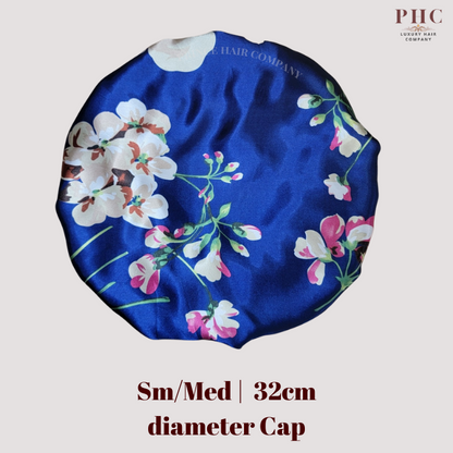 Royal Blue Flowers Print Wide Band Bonnet (Sm/Med Cap Size)