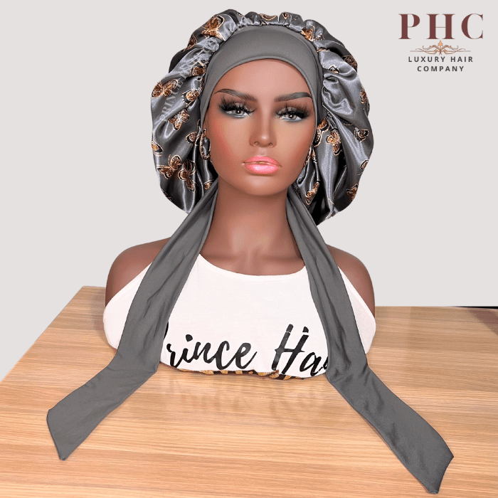 Gray Butterflies Satin Lined Stretch Tie Bonnet - PHC