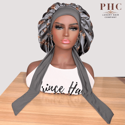Gray Butterflies Satin Lined Stretch Tie Bonnet - PHC