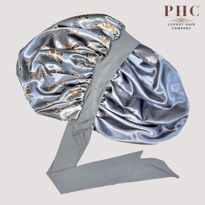 Gray Butterflies Satin Lined Stretch Tie Bonnet - PHC