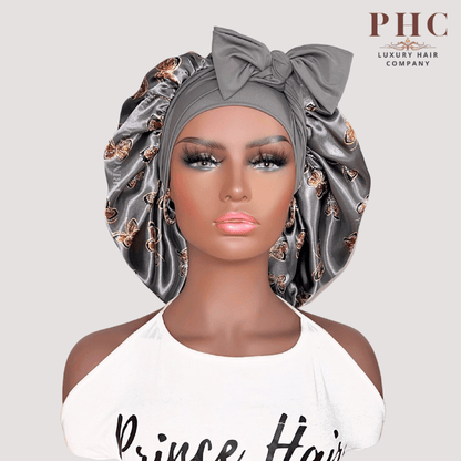 Gray Butterflies Satin Lined Stretch Tie Bonnet - PHC