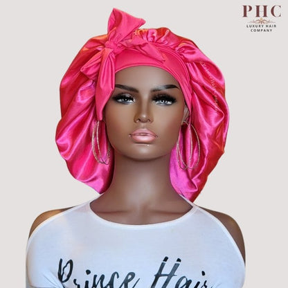 Hot Pink Satin - Lined Stretch Tie Bonnet - PHC