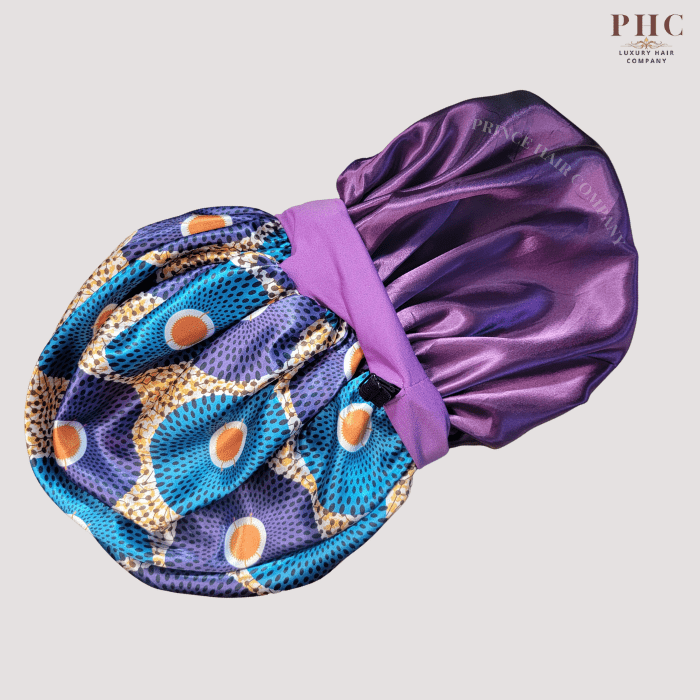 Purple / Gold Ankara Print Wide Band Bonnet (Sm/Med Cap Size) - PHC