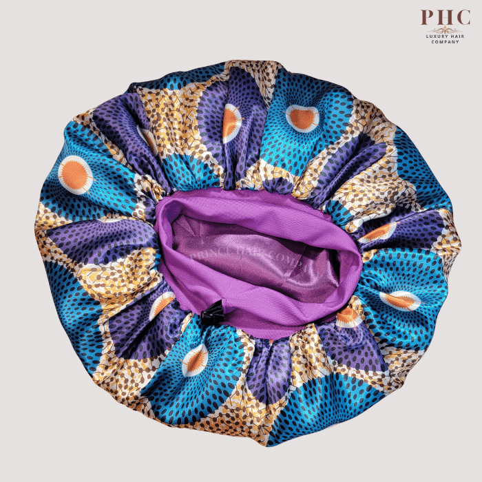 Purple / Gold Ankara Print Wide Band Bonnet (Sm/Med Cap Size) - PHC