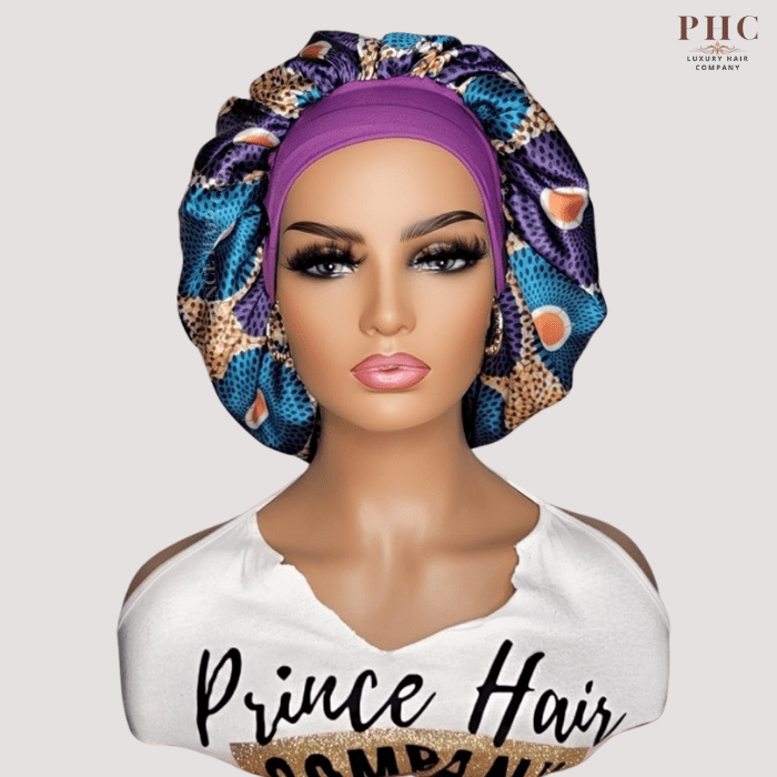 Purple / Gold Ankara Print Wide Band Bonnet (Sm/Med Cap Size) - PHC