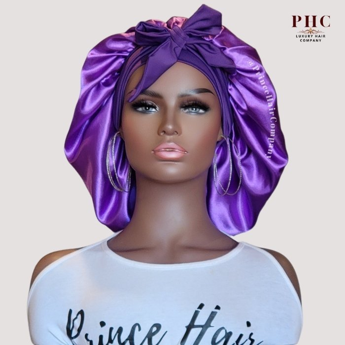 Purple Satin - Lined Stretch Tie Bonnet - PHC