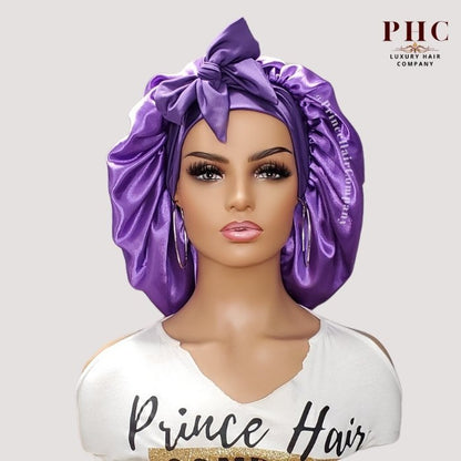 Purple Satin - Lined Stretch Tie Bonnet - PHC