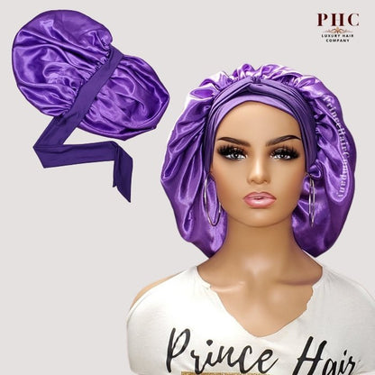 Purple Satin - Lined Stretch Tie Bonnet - PHC