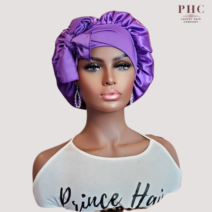 Purple Satin - Lined Stretch Tie Bonnet - PHC