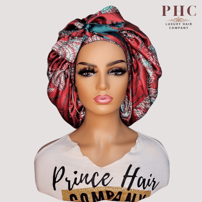 Red and Teal Ankara Print All Satin Reversible Bonnet - PHC