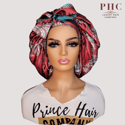 Red and Teal Ankara Print All Satin Reversible Bonnet - PHC