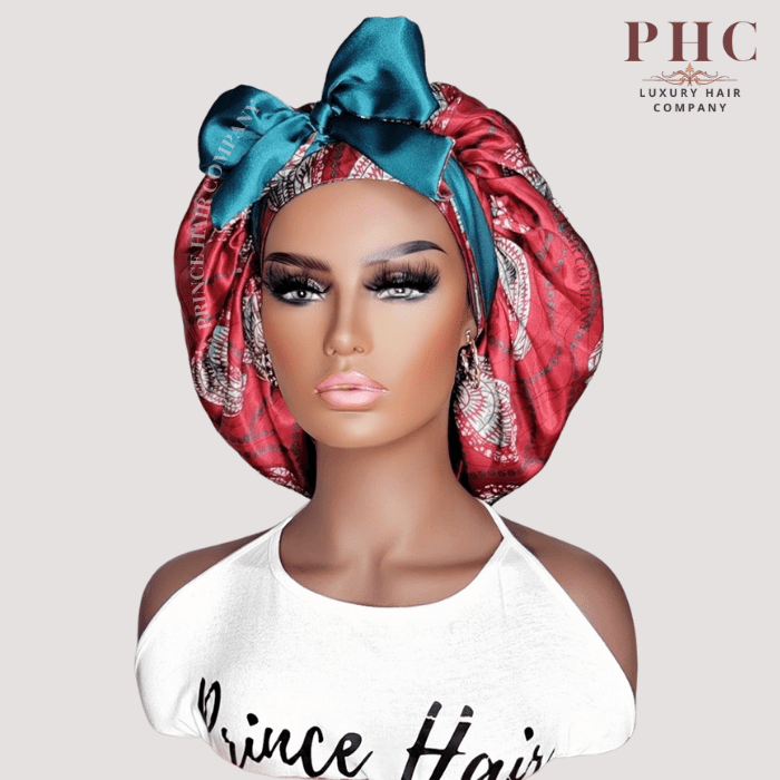 Red and Teal Ankara Print All Satin Reversible Bonnet - PHC
