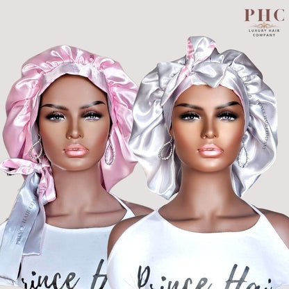 Reversible Charmeuse All Satin Sleep Cap with Long Ties in Baby Pink & Gray - PHC