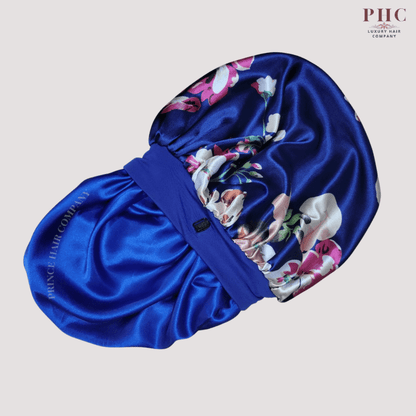 Royal Blue Flowers Print Wide Band Bonnet (Sm/Med Cap Size) - PHC