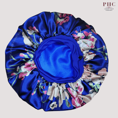 Royal Blue Flowers Print Wide Band Bonnet (Sm/Med Cap Size) - PHC